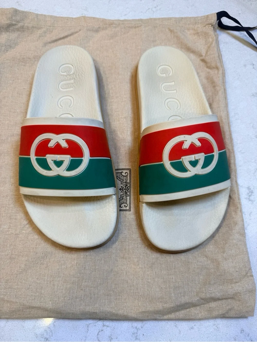 Gucci Pursuit ’72 White Red Green Web Rubber Slides